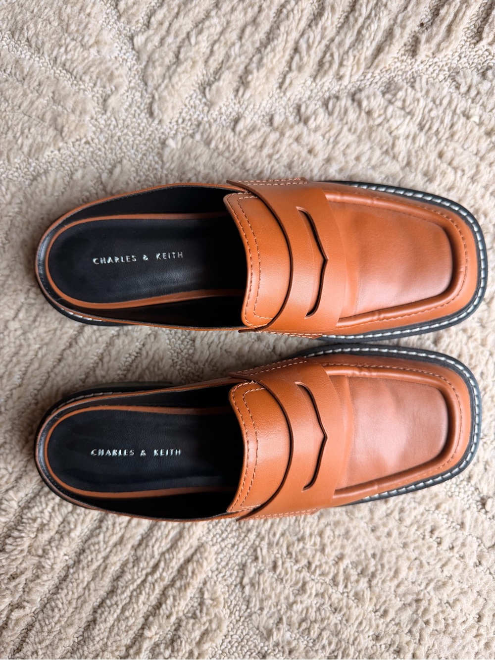 Charles & Keith Cognac Leather Slip-On Loafers